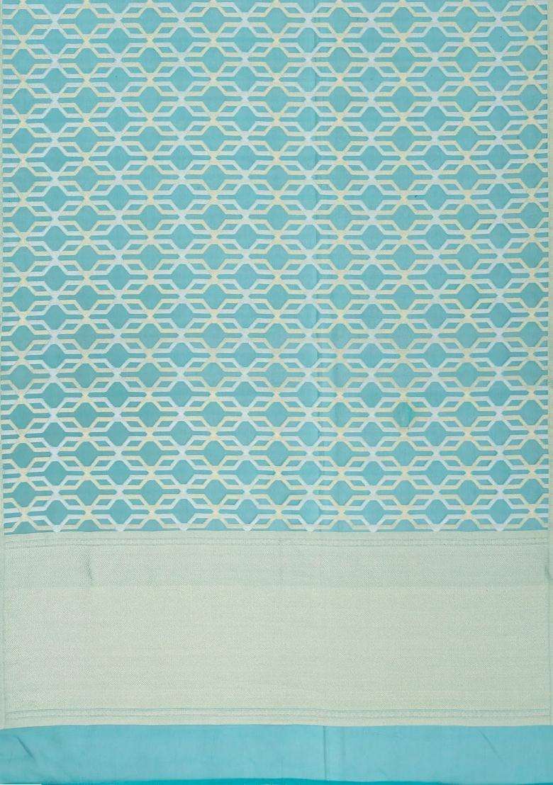 Aquamarine Handloom Organza Soft Silk Saree With Geometric Jaal Motifs With Buttas And Brocade Design For Women - Indya