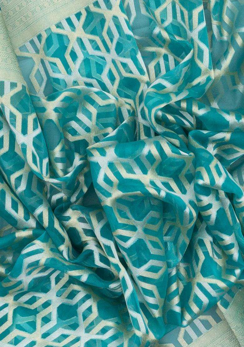 Aquamarine Handloom Organza Soft Silk Saree With Geometric Jaal Motifs With Buttas And Brocade Design For Women - Indya