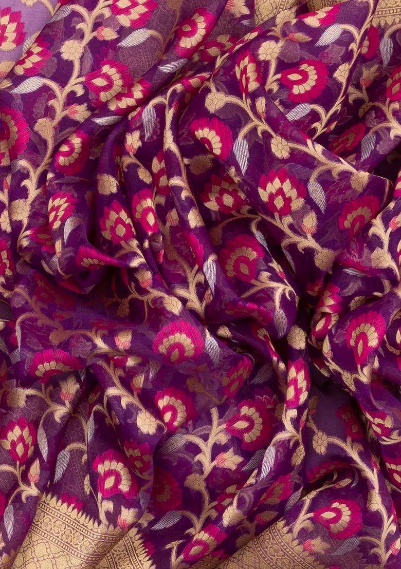 Magenta Handloom Organza Soft Silk Saree With Floral Vine Motifs With Buttas And Brocade Design For Women - Indya