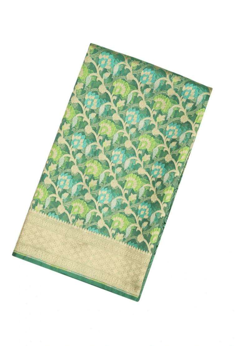 Green Handloom Organza Soft Silk Saree With Floral Motifs With Buttas And Brocade Design For Women - Indya