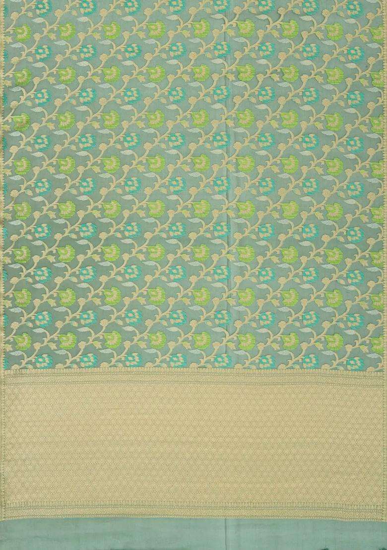 Green Handloom Organza Soft Silk Saree With Floral Motifs With Buttas And Brocade Design For Women - Indya