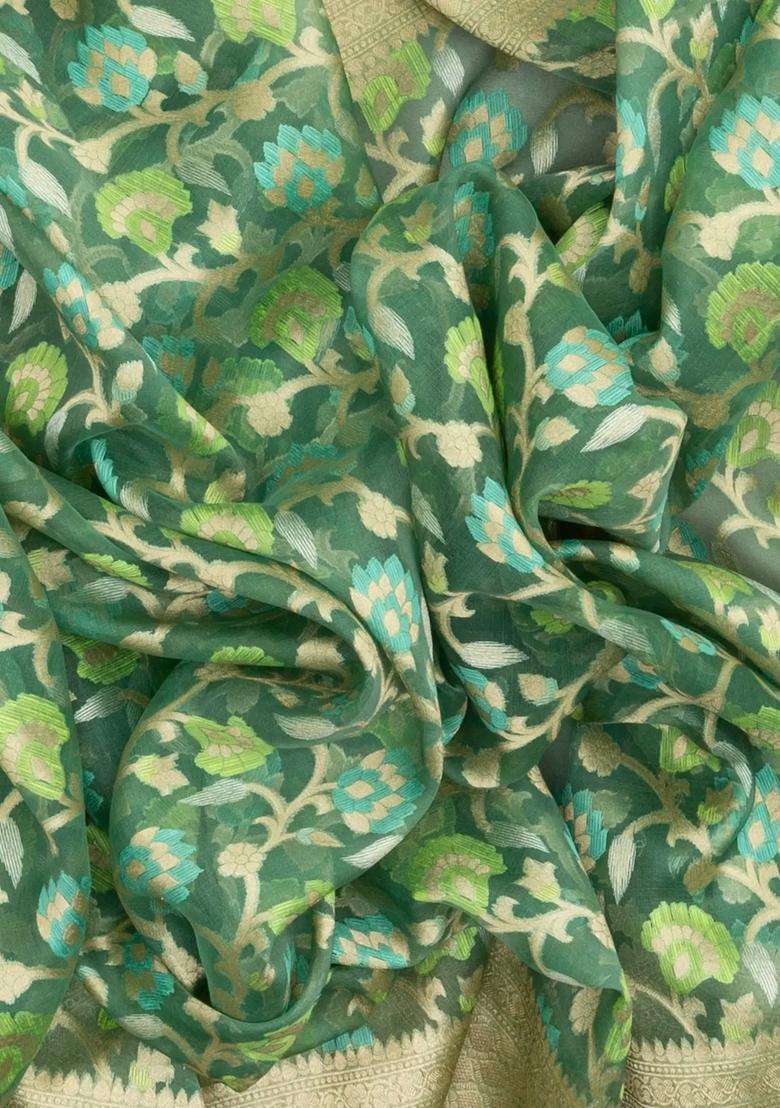 Green Handloom Organza Soft Silk Saree With Floral Motifs With Buttas And Brocade Design For Women - Indya