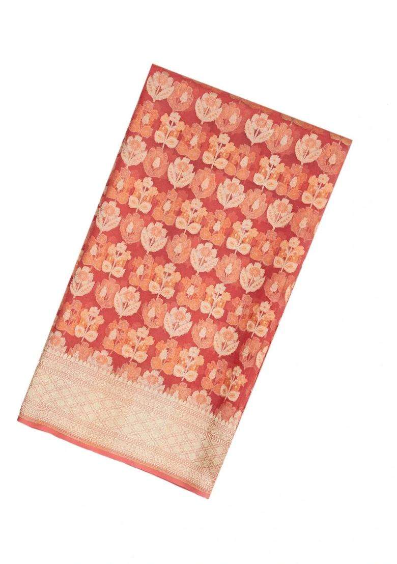 Peach Handloom Organza Soft Silk Saree With Floral Motifs With Buttas And Brocade Design For Women - Indya