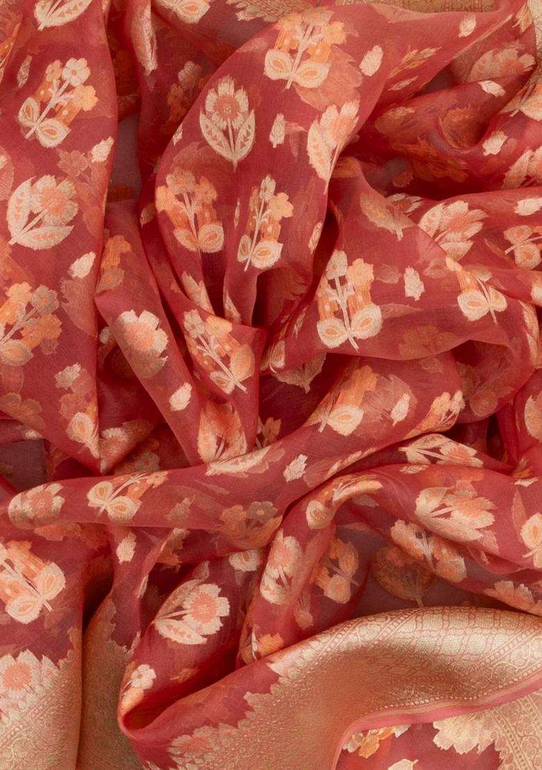 Peach Handloom Organza Soft Silk Saree With Floral Motifs With Buttas And Brocade Design For Women - Indya