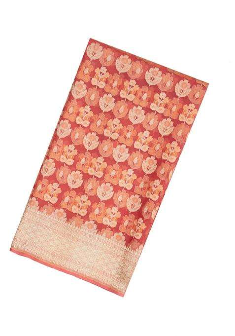 Peach Handloom Organza Soft Silk Saree With Floral Motifs With Buttas And Brocade Design For Women
