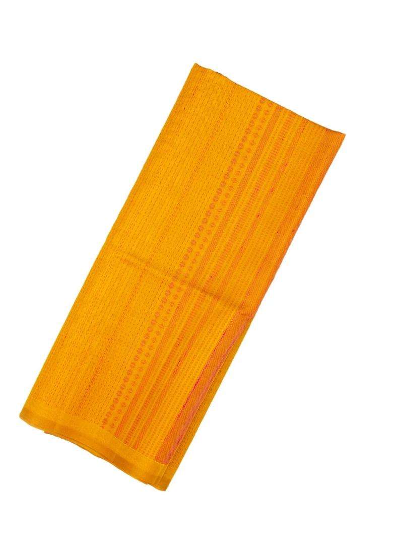 Turmeric Yellow Handloom Soft Silk Organza Saree With Stripes With Checks And Stripes Design For Women - Indya