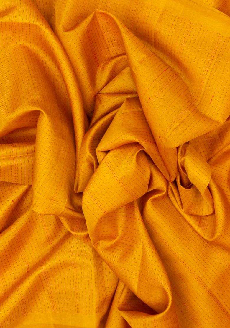 Turmeric Yellow Handloom Soft Silk Organza Saree With Stripes With Checks And Stripes Design For Women - Indya