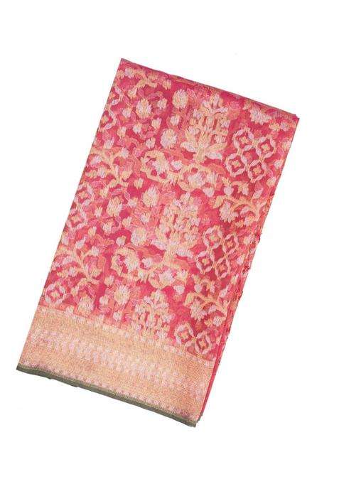 Peach Handloom Organza Soft Silk Saree With Floral Motifs With Buttas And Brocade Design For Women