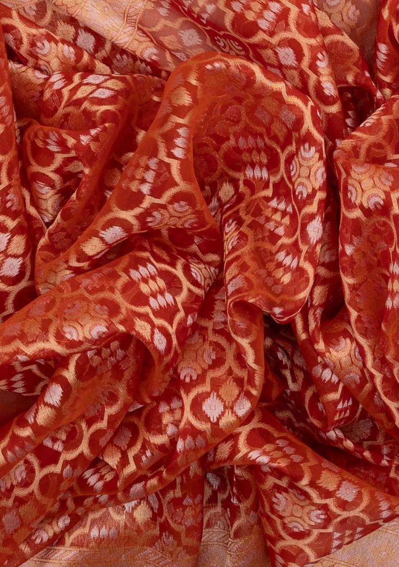 Peach Handloom Organza Soft Silk Saree With Jaal Motifs With Buttas And Brocade Design For Women - Indya