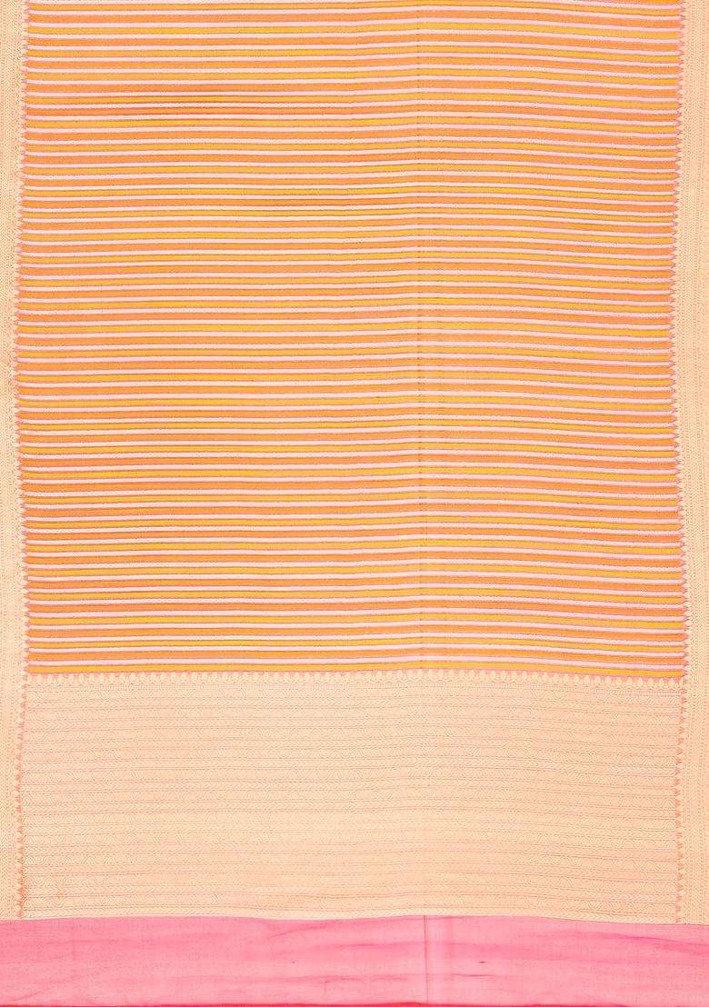 Multi Colour Peach Handloom Organza Soft Silk Saree With Stripes Motifs With Buttas And Brocade Design For Women - Indya