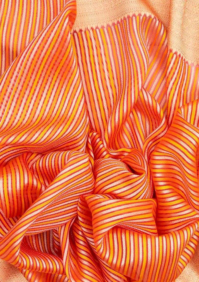Multi Colour Peach Handloom Organza Soft Silk Saree With Stripes Motifs With Buttas And Brocade Design For Women - Indya