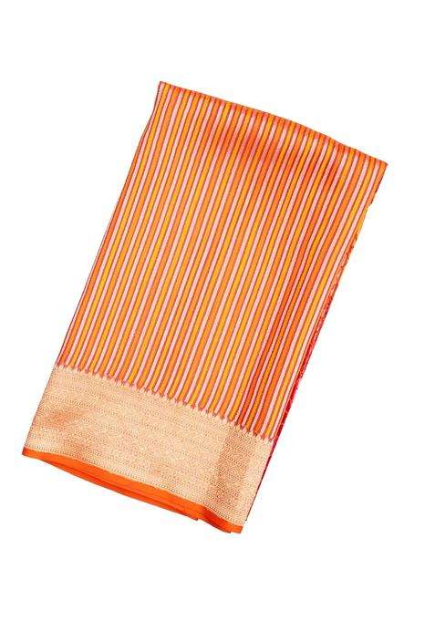 Multi Colour Peach Handloom Organza Soft Silk Saree With Stripes Motifs With Buttas And Brocade Design For Women