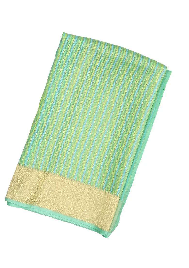 Mint Green Handloom Organza Soft Silk Saree With Stripe Motifs With Checks And Stripes Design For Women - Indya