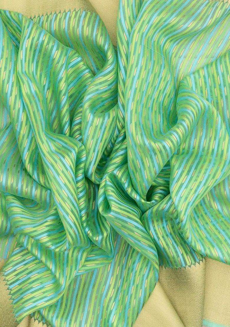 Mint Green Handloom Organza Soft Silk Saree With Stripe Motifs With Checks And Stripes Design For Women - Indya