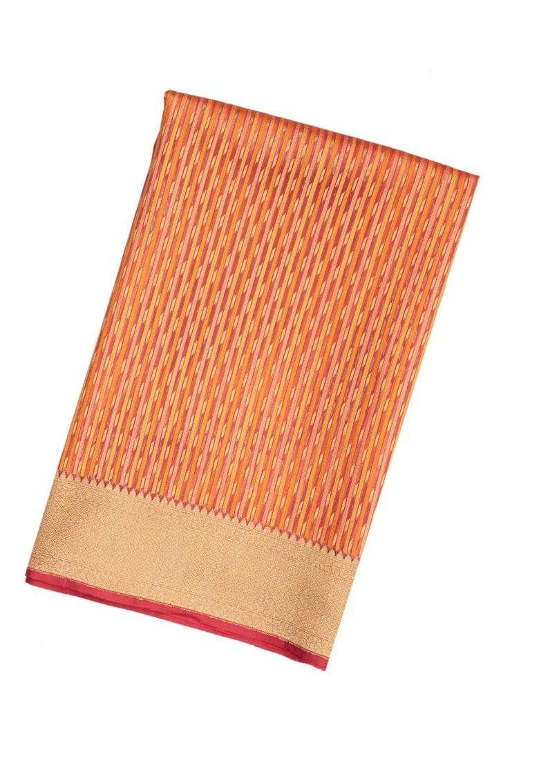 Peach Handloom Organza Soft Silk Saree With Stripes With Buttas And Brocade Design For Women - Indya