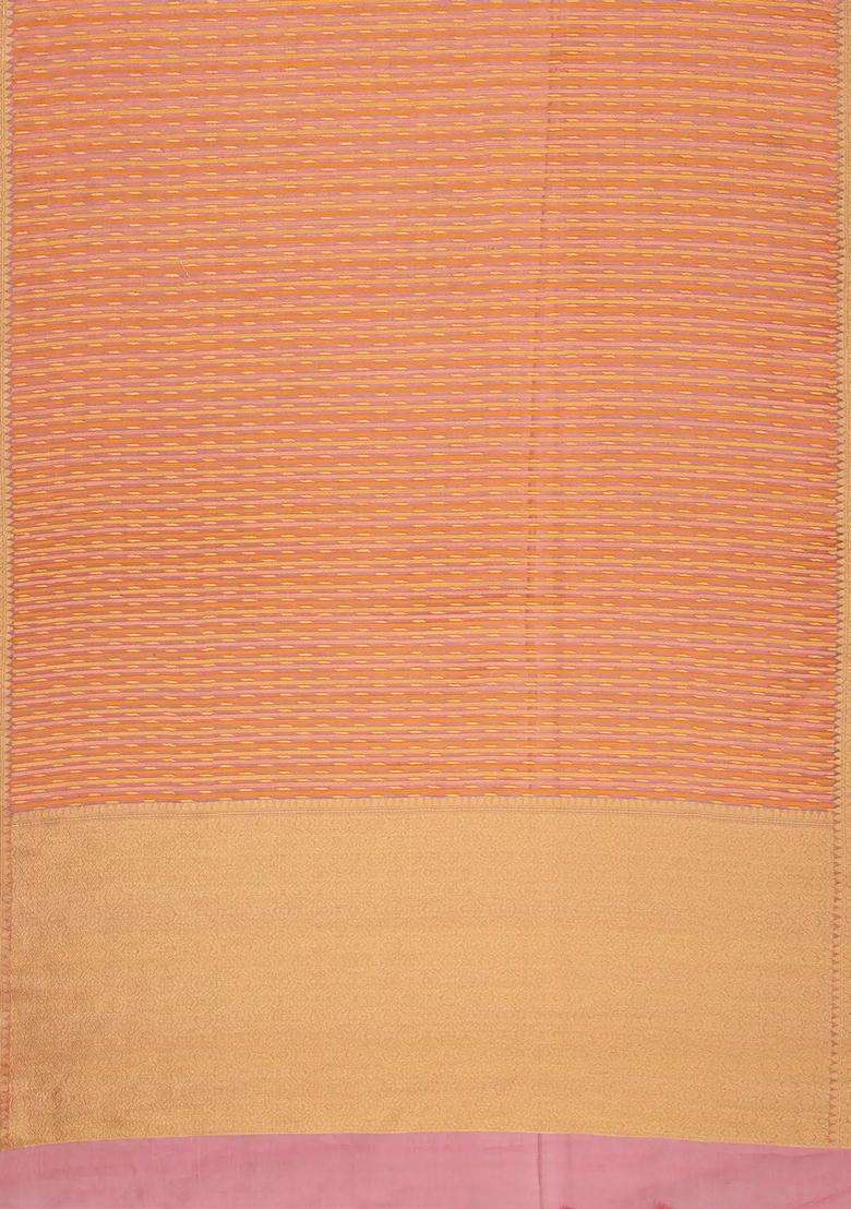 Peach Handloom Organza Soft Silk Saree With Stripes With Buttas And Brocade Design For Women - Indya