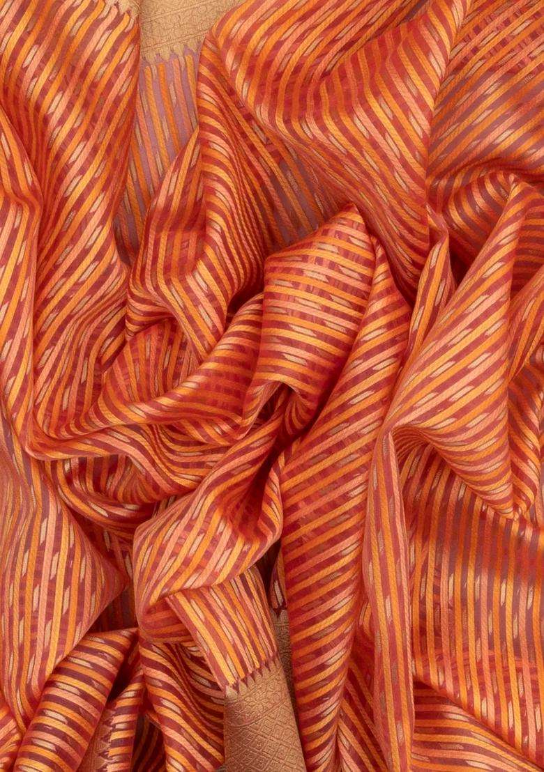 Peach Handloom Organza Soft Silk Saree With Stripes With Buttas And Brocade Design For Women - Indya