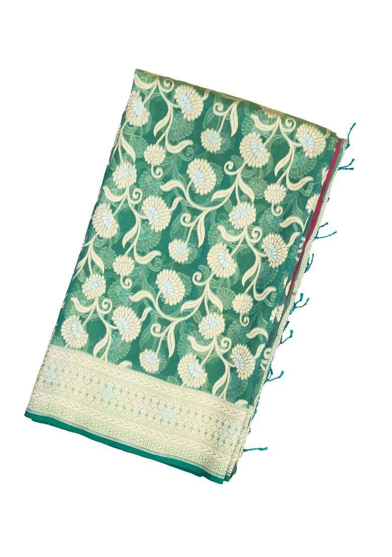 Green Handloom Organza Soft Silk Saree With Floral Motifs With Buttas And Brocade Design For Women - Indya