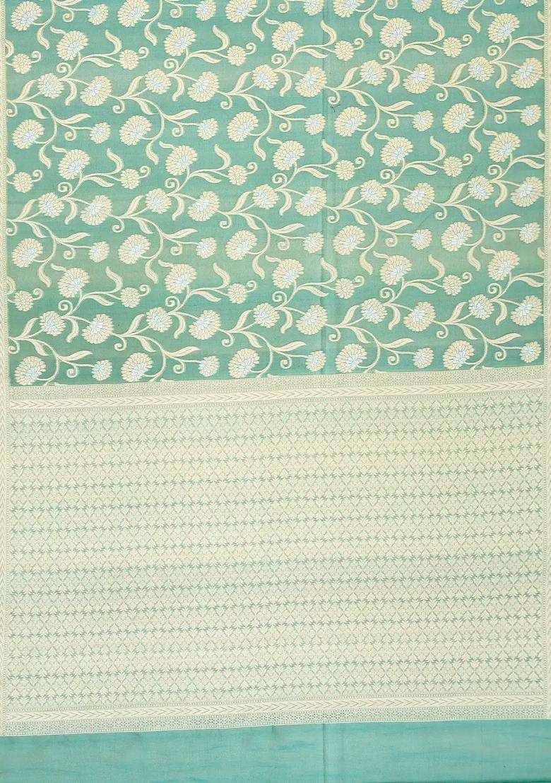 Green Handloom Organza Soft Silk Saree With Floral Motifs With Buttas And Brocade Design For Women - Indya