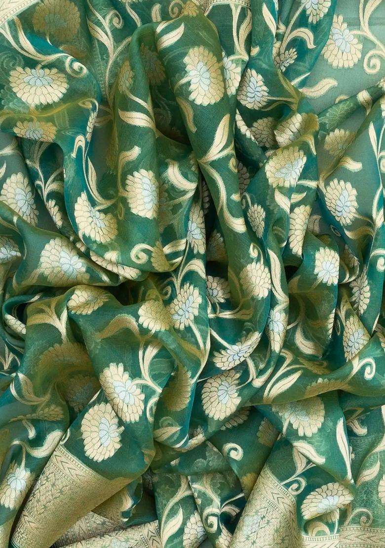 Green Handloom Organza Soft Silk Saree With Floral Motifs With Buttas And Brocade Design For Women - Indya