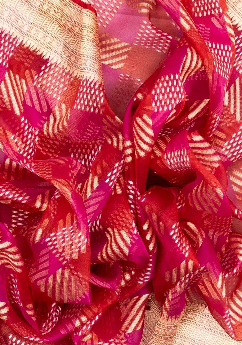Multi Colour Pink Handloom Organza Soft Silk Saree With Meena Geometric Motifs With Buttas And Brocade Design For Women - Indya