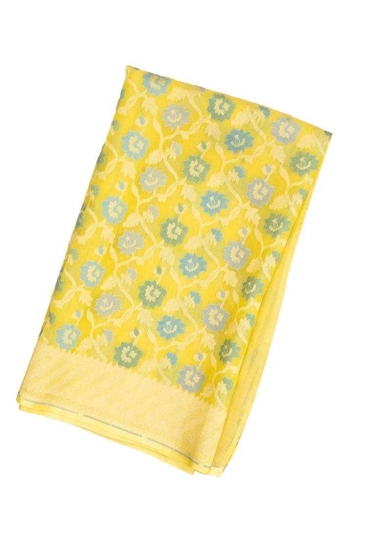 Lime Green Handloom Organza Soft Silk Saree With Meena Floral Motifs With Buttas And Brocade Design For Women - Indya