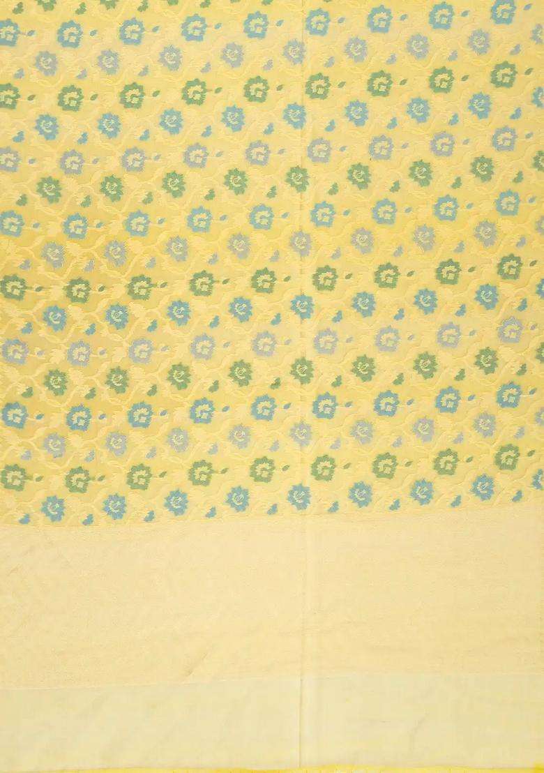 Lime Green Handloom Organza Soft Silk Saree With Meena Floral Motifs With Buttas And Brocade Design For Women - Indya