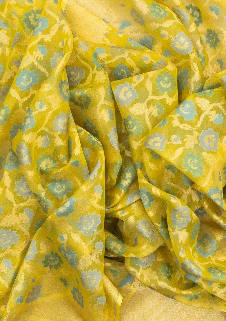Lime Green Handloom Organza Soft Silk Saree With Meena Floral Motifs With Buttas And Brocade Design For Women - Indya