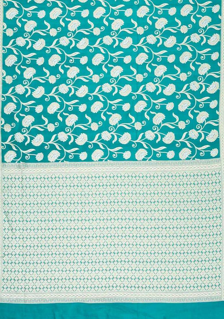 Green Handloom Organza Satin Soft Silk Saree With Floral Motifs With Buttas And Brocade Design For Women - Indya