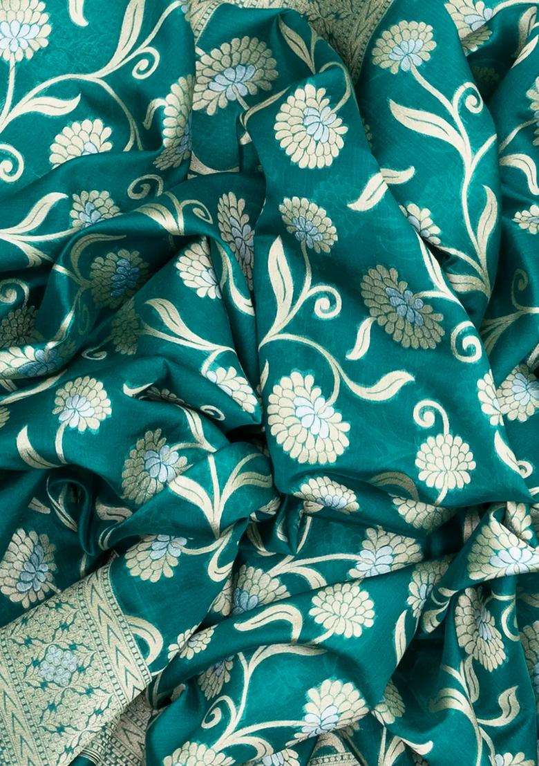 Green Handloom Organza Satin Soft Silk Saree With Floral Motifs With Buttas And Brocade Design For Women - Indya