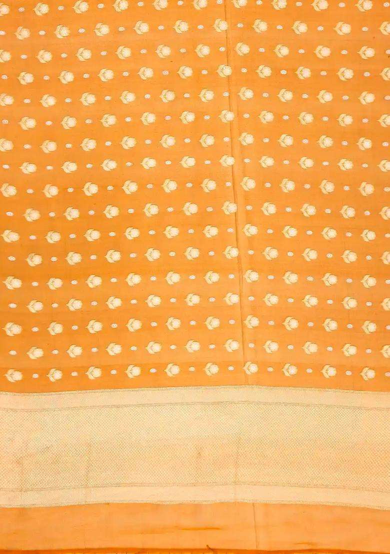 Oil Mustard Handloom Organza Soft Silk Saree With Floral Motifs With Buttas And Brocade Design For Women - Indya