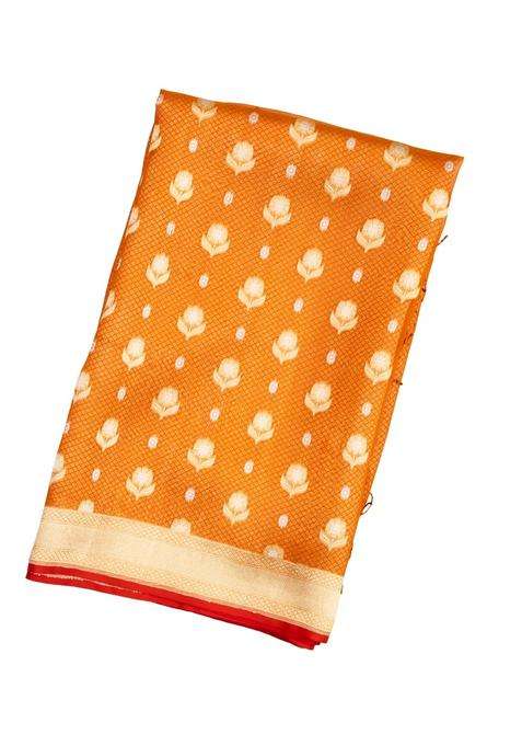 Oil Mustard Handloom Organza Soft Silk Saree With Floral Motifs With Buttas And Brocade Design For Women