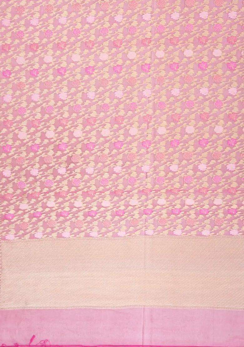 Baby Pink Handloom Organza Soft Silk Saree With Floral Motifs With Buttas And Brocade Design For Women - Indya