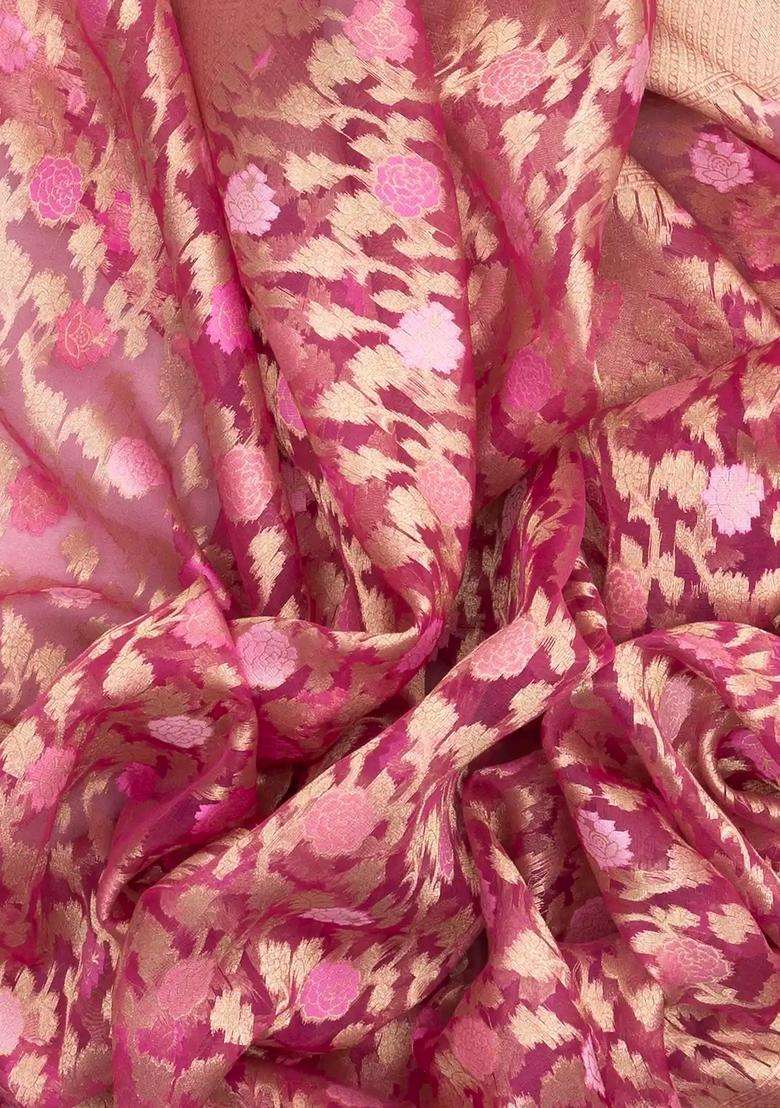 Baby Pink Handloom Organza Soft Silk Saree With Floral Motifs With Buttas And Brocade Design For Women - Indya