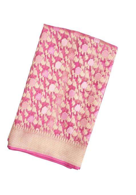 Baby Pink Handloom Organza Soft Silk Saree With Floral Motifs With Buttas And Brocade Design For Women