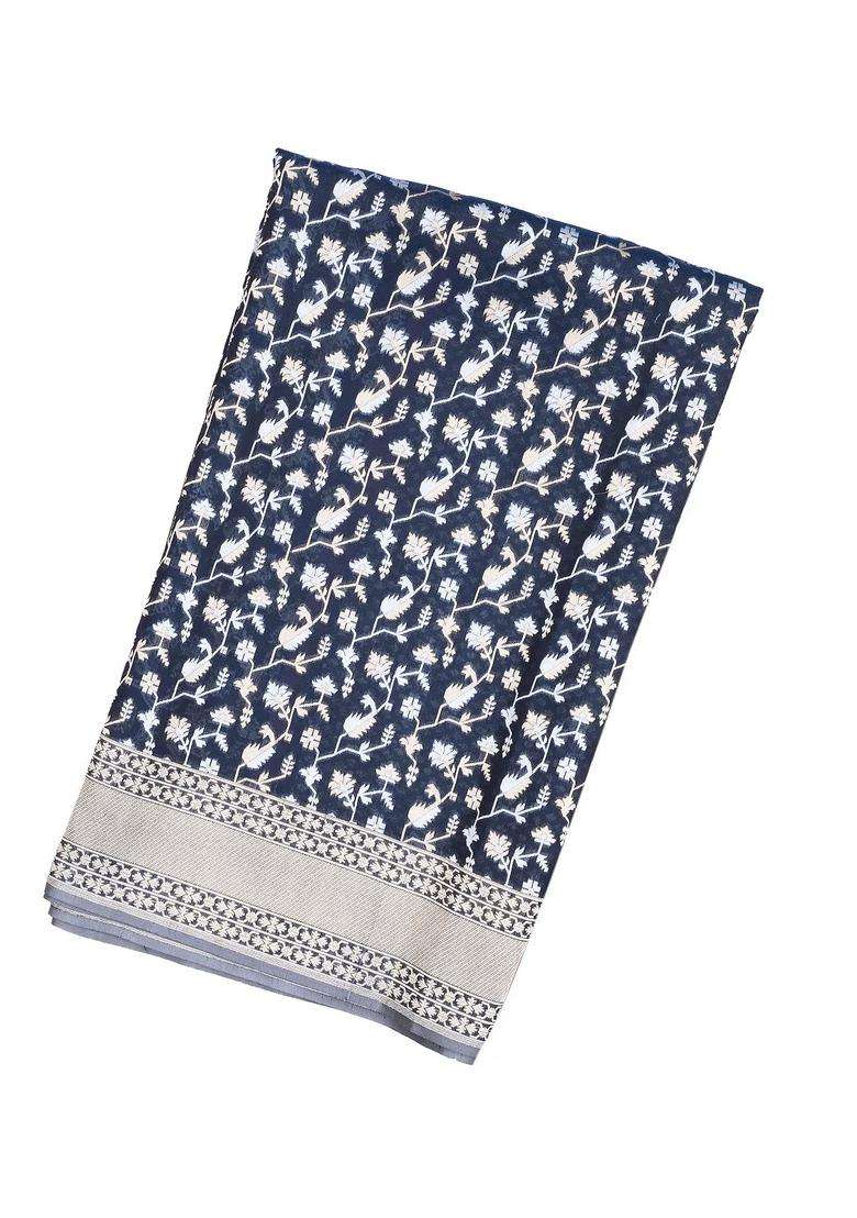 Navy Blue Handloom Organza Satin Soft Silk Saree With Floral Motifs With Traditional Woven Design For Women - Indya