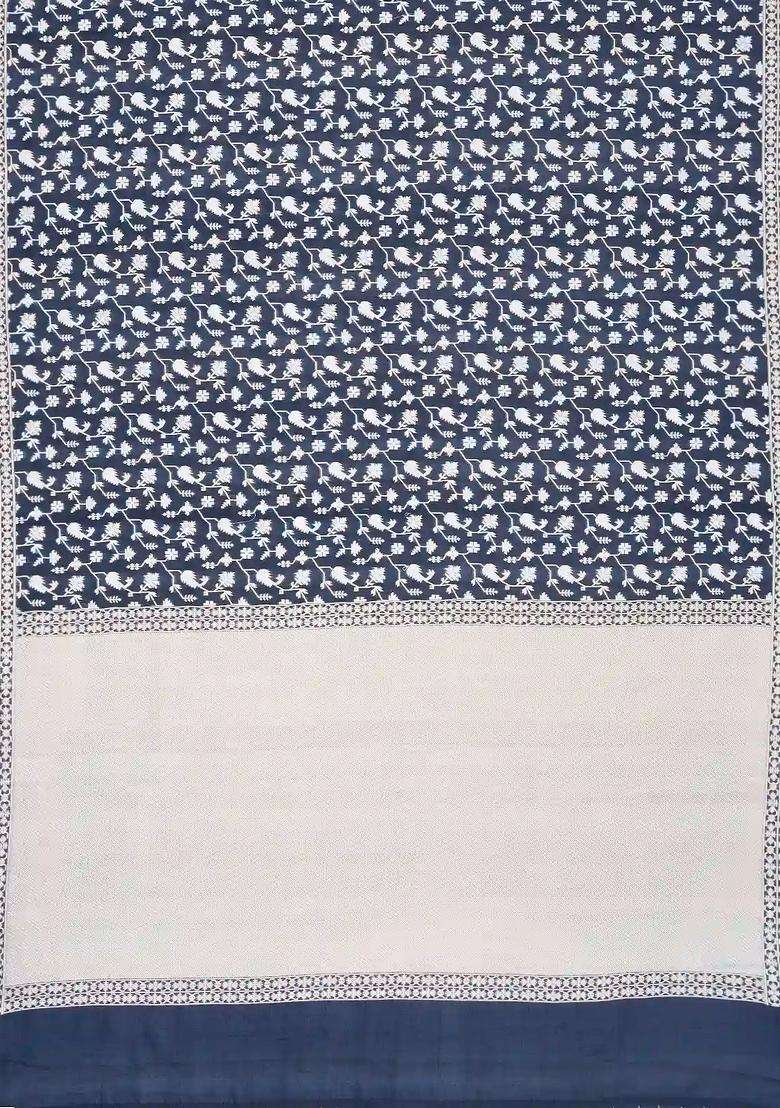 Navy Blue Handloom Organza Satin Soft Silk Saree With Floral Motifs With Traditional Woven Design For Women - Indya