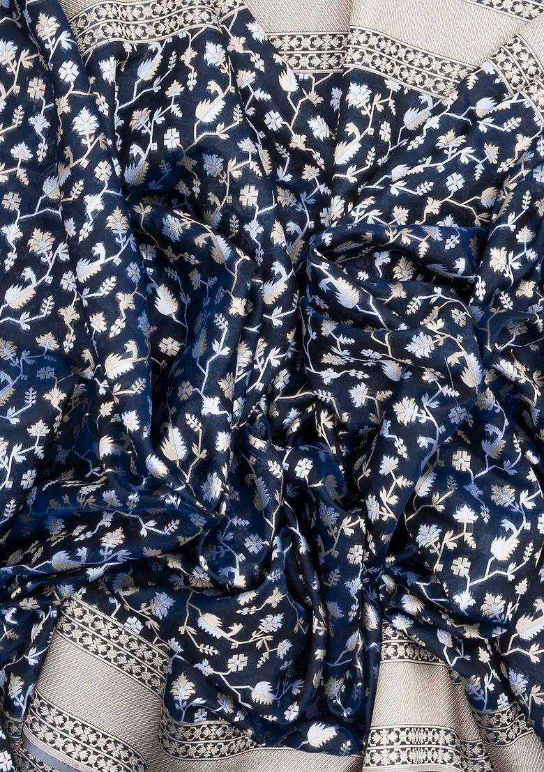 Navy Blue Handloom Organza Satin Soft Silk Saree With Floral Motifs With Traditional Woven Design For Women - Indya