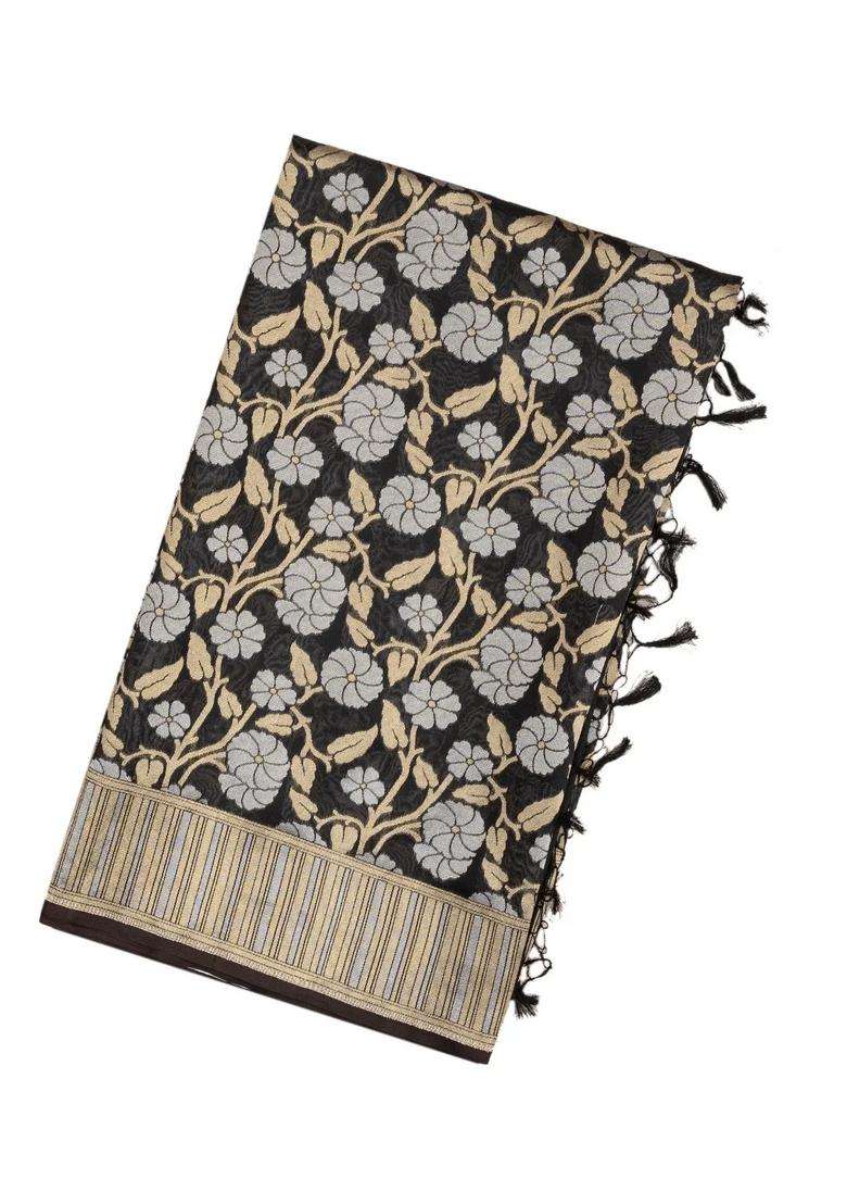 Black Handloom Organza Satin Soft Silk Saree With Floral Motifs With Traditional Woven Design For Women - Indya