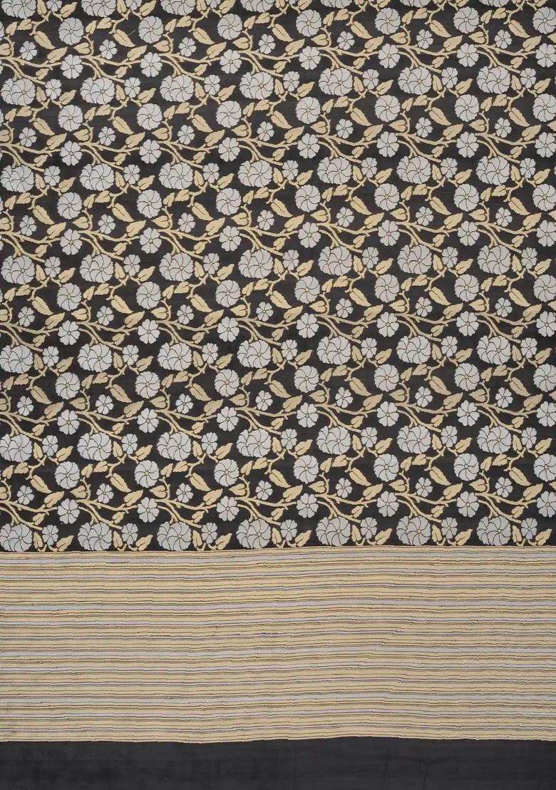 Black Handloom Organza Satin Soft Silk Saree With Floral Motifs With Traditional Woven Design For Women - Indya