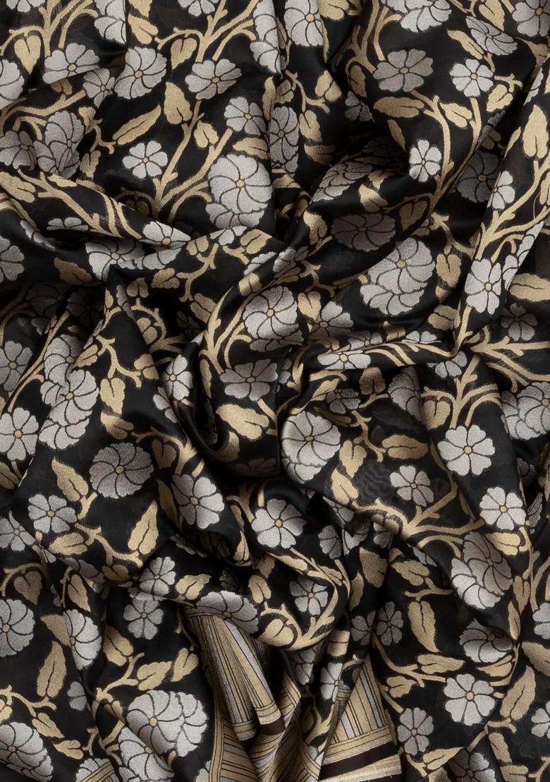 Black Handloom Organza Satin Soft Silk Saree With Floral Motifs With Traditional Woven Design For Women - Indya