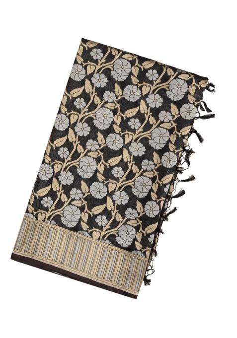 Black Handloom Organza Satin Soft Silk Saree With Floral Motifs With Traditional Woven Design For Women