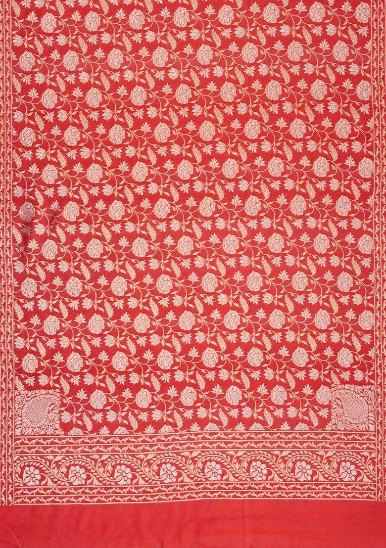 Red Handloom Organza Satin Soft Silk Saree With Floral Vine Motifs With Traditional Woven Design For Women - Indya
