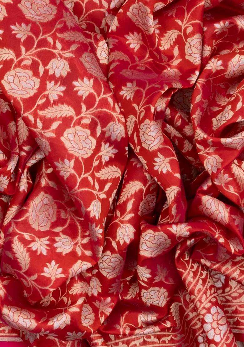 Red Handloom Organza Satin Soft Silk Saree With Floral Vine Motifs With Traditional Woven Design For Women - Indya