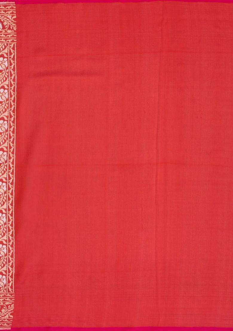 Red Handloom Organza Satin Soft Silk Saree With Floral Vine Motifs With Traditional Woven Design For Women - Indya