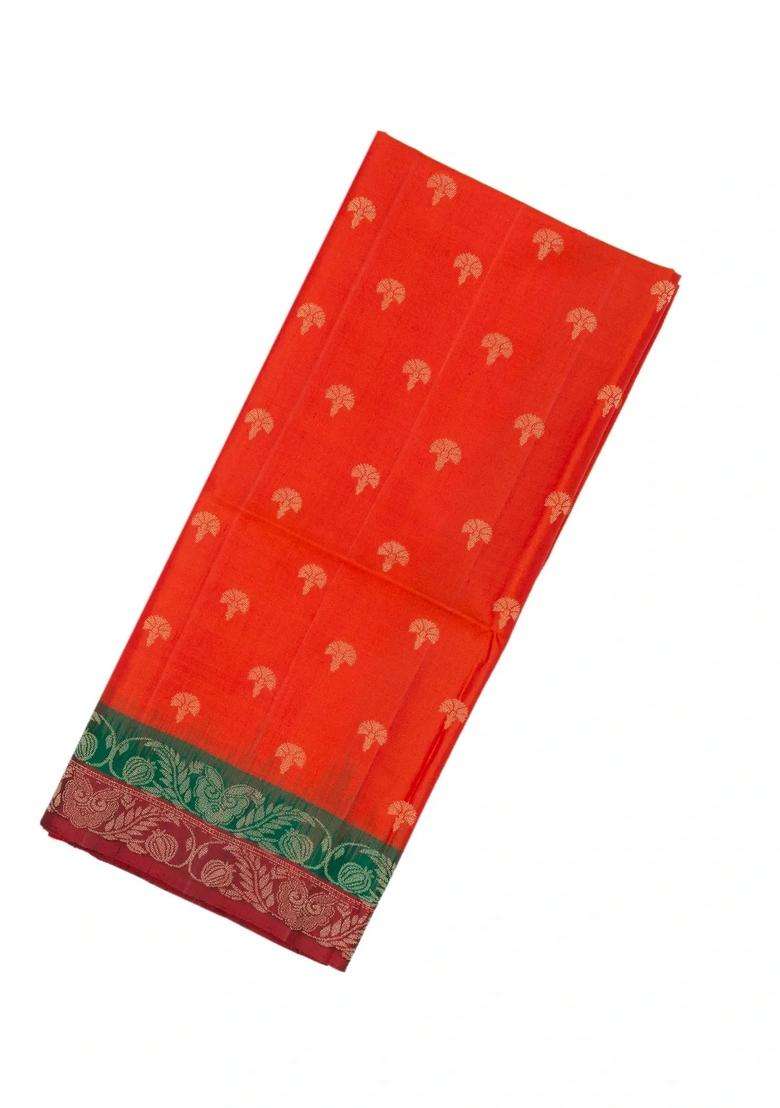Orange Handloom Soft Silk Saree With Floral Motifs Contrast Border With Traditional Woven Design For Women - Indya