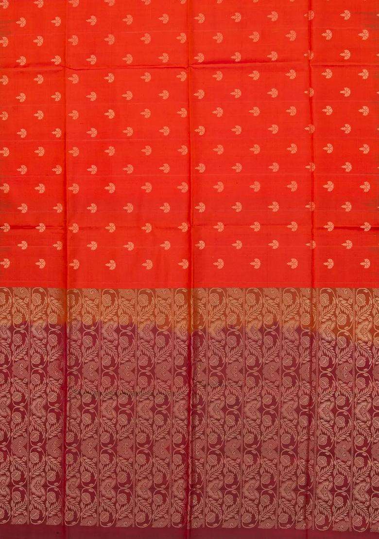 Orange Handloom Soft Silk Saree With Floral Motifs Contrast Border With Traditional Woven Design For Women - Indya