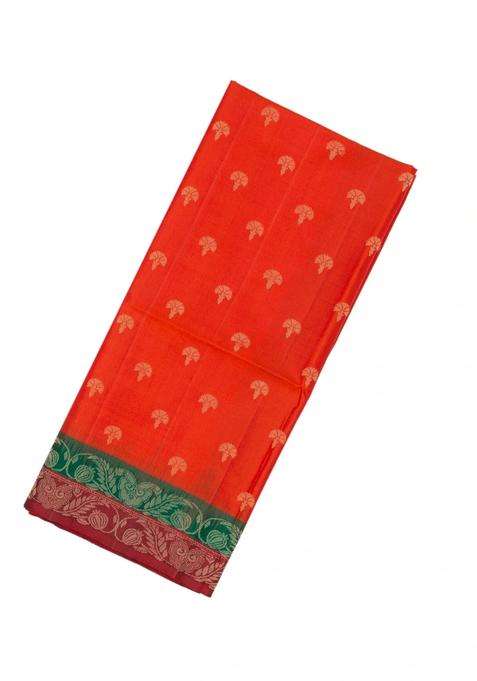 Orange Handloom Soft Silk Saree With Floral Motifs Contrast Border With Traditional Woven Design For Women