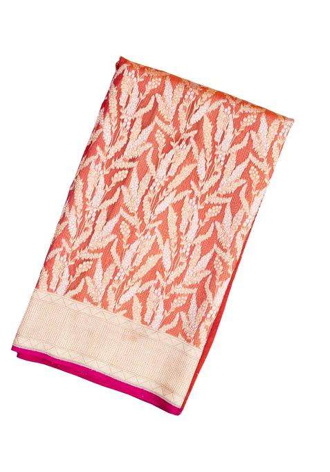 Orange Handloom Organza Satin Soft Silk Saree With Floral Vine Motifs With Traditional Woven Design For Women