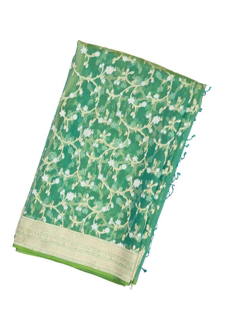 Light Green Handloom Organza Satin Soft Silk Saree With Floral Motifs With Traditional Woven Design For Women - Indya